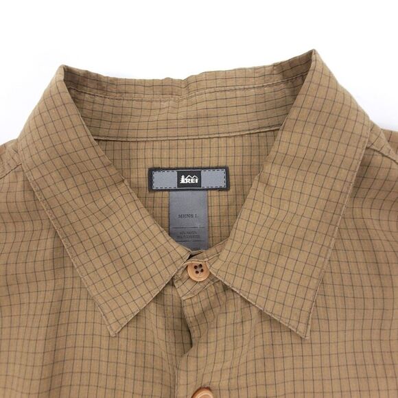 REI Short Sleeve Button Down Camp Shirt Brown Windowpane Mens Large Gorpcore - Picture 3 of 8
